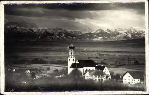 Foto Ak Pähl Oberbayern, Kirche, Panorama, Alpen