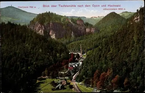 Ak Oybin in Sachsen, Blick über Teufelshöhle nach dem Oybin und Hochwald, Johannisstein