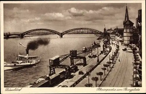 Ak Düsseldorf Rhein, Rheinpartie am Burgplatz, Brücke, Schiff