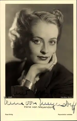 Ak Schauspielerin Irene von Meyendorff, Portrait, Ross Verlag A 3035 1, Autogramm
