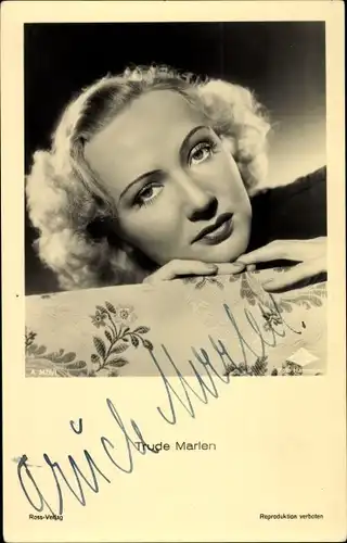 Ak Schauspieler Trude Marlen, Portrait, Ross Verlag, Autogramm