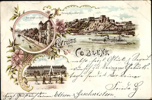 Litho Koblenz am Rhein, Festung Ehrenbreitstein, Schloss, alte Häuser