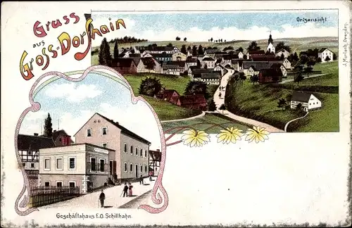 Litho Großdorfhain Dorfhain in Sachsen, Geschäftshaus, Totalansicht