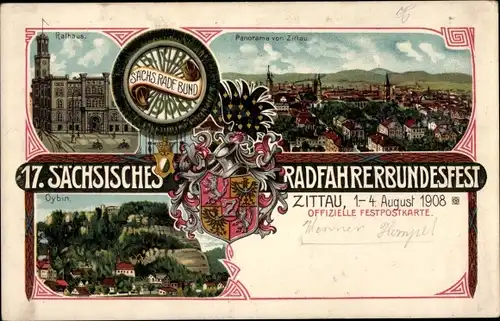 Wappen Litho Zittau in Sachsen, 17. Sächsisches Radfahrerbundesfest 1908, Rathaus, Oybin