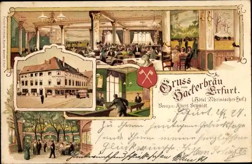 Litho Erfurt in Thüringen, Hackerbräu, Hotel Rheinischer Hof, Billard Tisch, Wappen