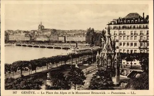 Ak Genève Genf Schweiz, La Place des Alpes et le Monument Brunswick, Panorama