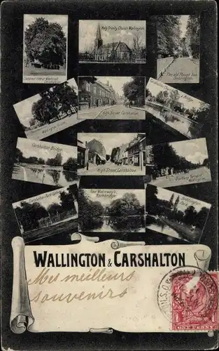 Ak Wallington Sutton London England, Carshalton, Kirche, Straßenpartie, Teich
