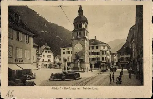 Ak Altdorf Kanton Uri, Dorfplatz mit Telldenkmal, Bazar
