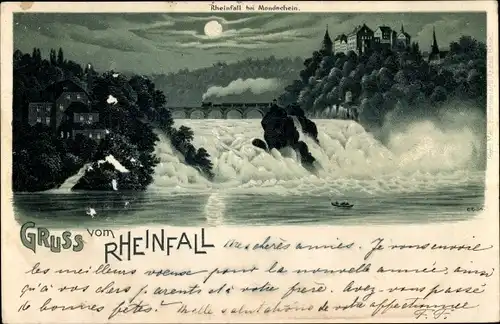 Mondschein Litho Rheinfall Kanton Schaffhausen, Wasserpartie, Wald, Im Hintergrund Wohnhäuser