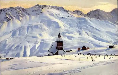 Ak Arosa Kanton Graubünden Schweiz, das alte Kirchlein, Schneelandschaft