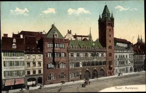 Ak Basel Bâle Stadt Schweiz, Marktplatz, Kaffeerösterei von F. Riggenbach