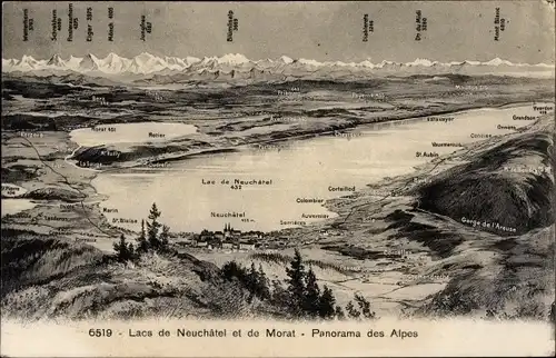 Landkarten Ak Kanton Neuenburg Schweiz, Lacs de Neuchatel et de Morat, Panorama des Alpes