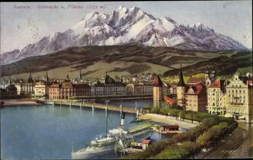 Ak Luzern Stadt Schweiz, Seebrücke und Pilatus