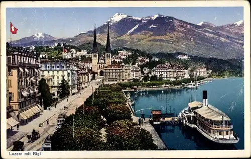 Ak Luzern Stadt Schweiz, Totalansicht mit Rigi, Dampfer