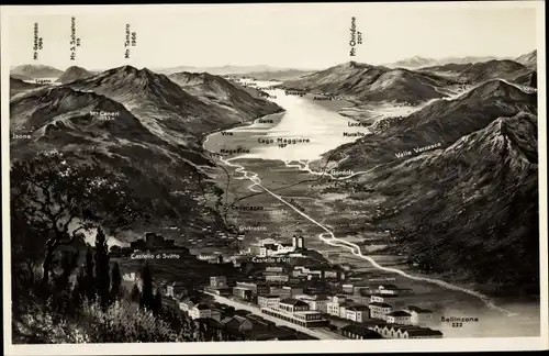 Landkarten Ak Piemonte, Lago Maggiore, Bellinzona, Locarno