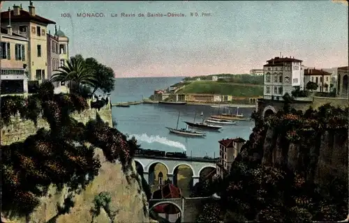 Ak Monte Carlo Monaco, Le Ravin de Sainte Devote, Eisenbahnbrücke, Dampflok