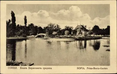 Ak Sofia Bulgarien, Blick vom Wasser auf den Prinz Boris Garten