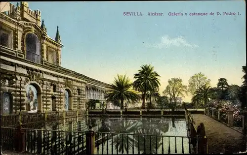 Ak Sevilla Andalusien, Alcazar, Galeria y estanque de D. Pedro I.