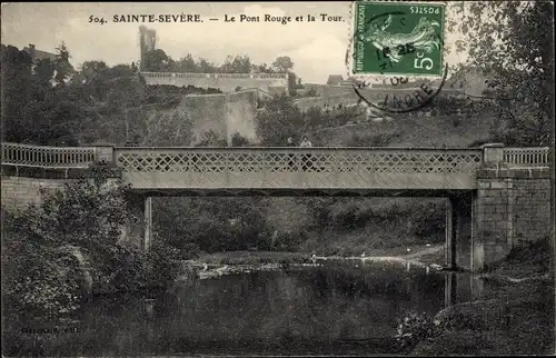 Ak Sainte Severe Indre, Le Pont Rouge et la Tour