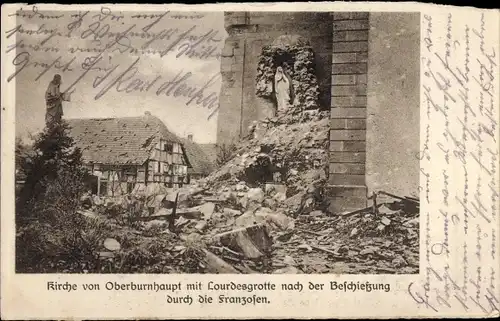 Ak Burnhaupt le Haut Oberburnhaupt Elsass Haut Rhin, Kirche, Lourdesgrotte, Kriegszerstörung 1. WK