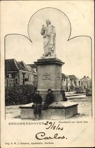 Ak Brouwershaven Zeeland, Standbeeld van Jacob Cats