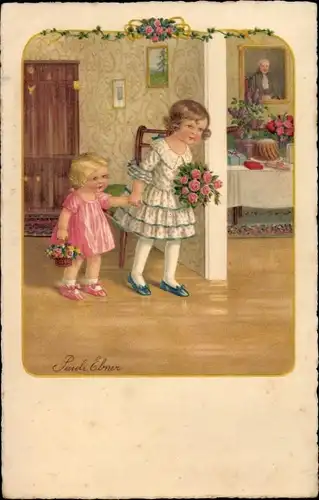 Künstler Ak Ebner, P., Kinder, Mädchen, Blumenstrauß, Gratulanten