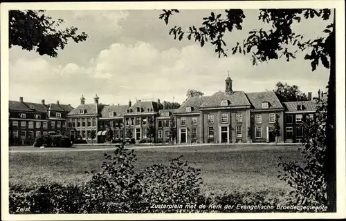Ak Zeist Utrecht Niederlande, Zusterplein met de Kerk der Evangelische Broedergemeente