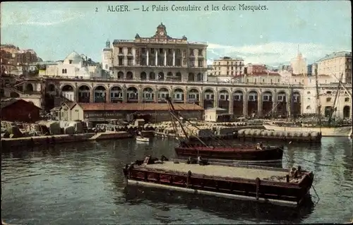 Ak Algier Alger Algerien, Le Palais Consulaire et les deux Mosquees, vom Wasser aus gesehen, Kähne