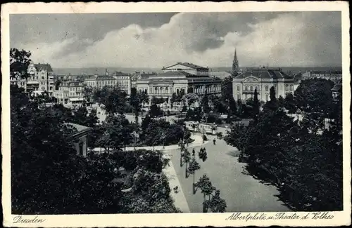 Ak Dresden Neustadt, Albertplatz und Theater des Volkes, Straßenbahn