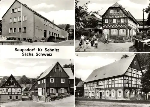 Ak Saupsdorf Sebnitz Sächsische Schweiz, Einkaufszentrum, Umgebindehaus, Gaststätte Räumichtmühle