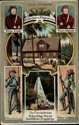 Ak Fürstenbrunn Schwarzenberg im Erzgebirge, Sächs. Prinzenraub 1455, Denkmal, Ritter, Köhlerhütte