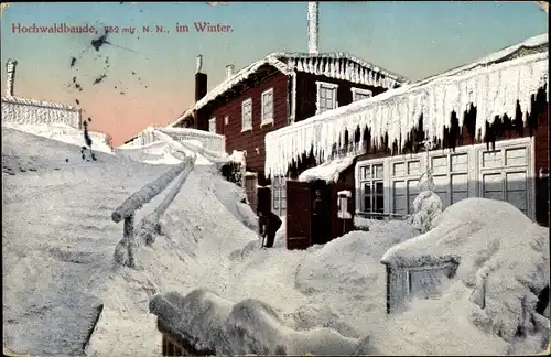 Ak Oybin in der Oberlausitz, Hochwaldbaude, Winterpartie