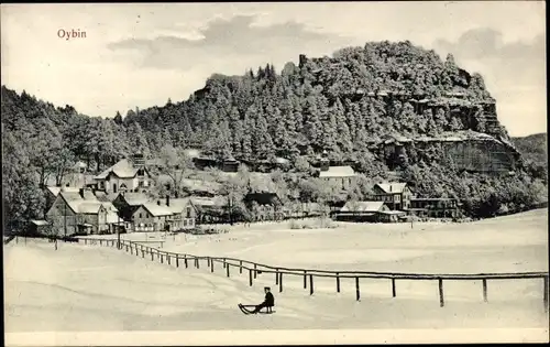 Ak Oybin in der Oberlausitz, Winteransicht, Berg, Schlittenfahrer