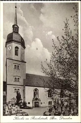 Ak Reichstädt Dippoldiswalde im Erzgebirge, Kirche, Friedhof, Gräber