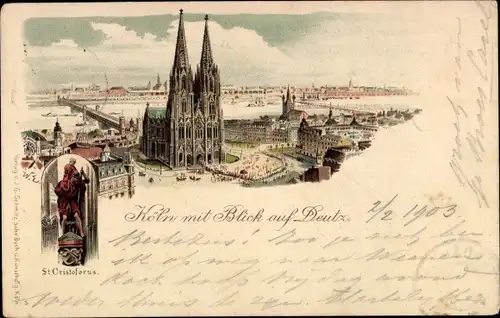 Litho Köln am Rhein, Mit Blick auf Deutz, St. Christoferus, Dom