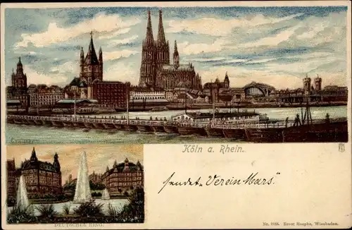 Litho Köln am Rhein, Rheinpartie mit Blick auf den Dom, Deutscher Ring
