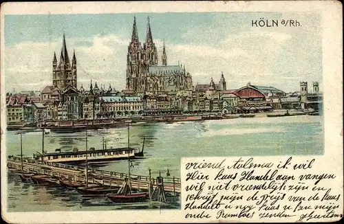 Litho Köln am Rhein, Rheinpartie mit Blick auf den Dom