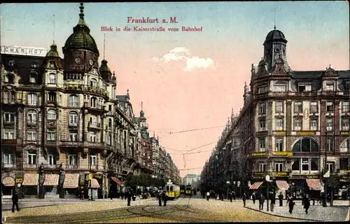 Ak Frankfurt am Main, Blick in die Kaiserstraße vom Bahnhof, Straßenbahn, Geschäfte