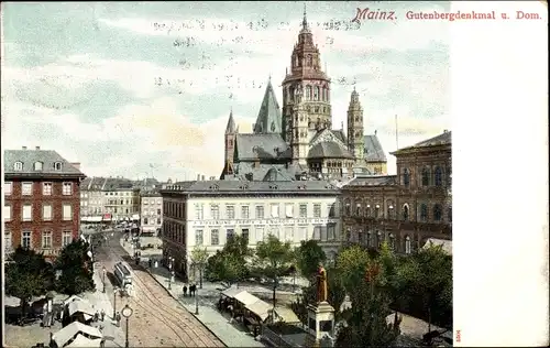 Ak Mainz am Rhein, Gutenbergdenkmal und Dom, Straßenbahn