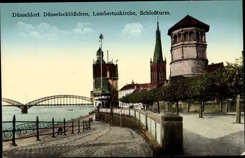 Ak Düsseldorf am Rhein, Düsselschlösschen, Lambertuskirche, Schlossturm, Brücke