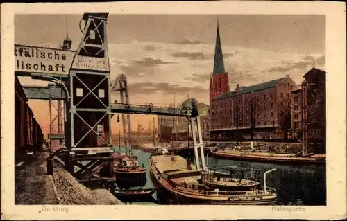 Ak Duisburg im Ruhrgebiet, Hafenpartie, Transportboote, Kran, Lagerhaus