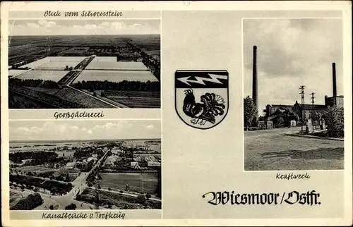 Wappen Ak Wiesmoor in Ostfriesland, Kraftwerk, Großgärtnerei, Kanalbrücke