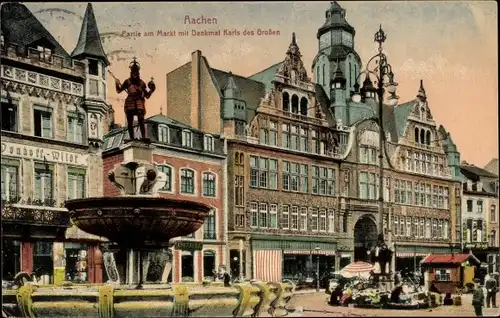 Ak Aachen in Nordrhein Westfalen, Partie am Markt mit Denkmal Karls des Großen, Brunnen