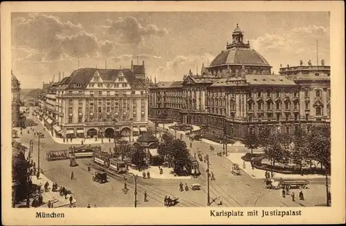 Ak München, Karlsplatz mit Justizpalast, Straßenbahn