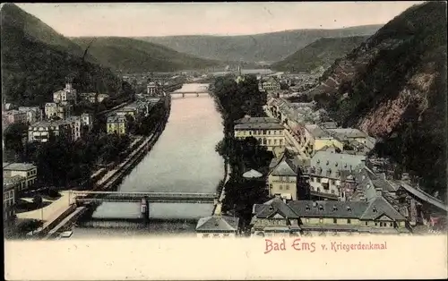 Ak Bad Ems an der Lahn, Panorama vom Kriegerdenkmal, Brücke