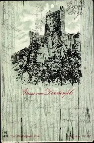 Mondschein Litho Königswinter am Rhein, Gruss vom Drachenfels