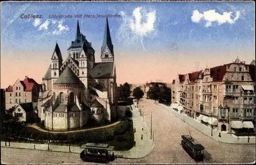 Ak Koblenz am Rhein, Löhrstraße, Herz Jesu Kirche, Straßenbahnen