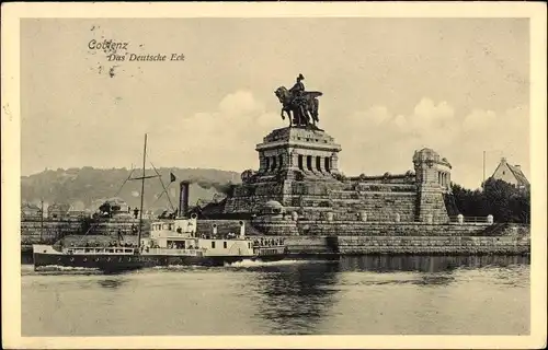 Ak Koblenz am Rhein, Das Deutsche Eck, Denkmal, Dampfer