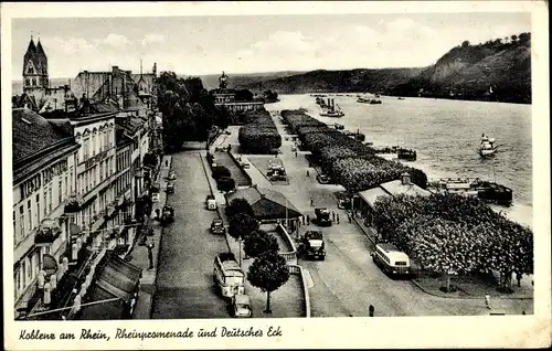 Ak Koblenz am Rhein, Rheinpromenade, Deutsches Eck, Busse