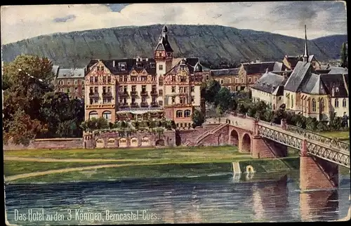 Ak Bernkastel Kues an der Mosel, Hotel zu den 3 Königen, WIRO 2046, Brücke, Kirche